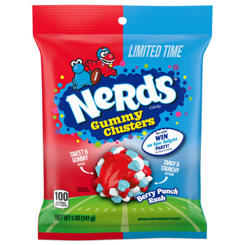 Nerds Gummy Clusters packaging with red, blue, and green colors.