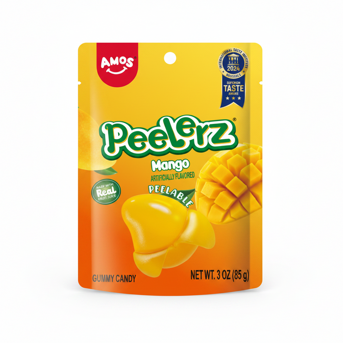A 3 oz stand-up pouch of Amos Peelerz Mango gummy candy, featuring a bright yellow and orange design with illustrations of mangoes and the Amos brand logo.