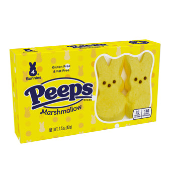 A yellow box of Peeps Marshmallow chocolate-coated bunny-shaped marshmallows, featuring the blue Peeps logo and a clear window showing two yellow marshmallows inside.