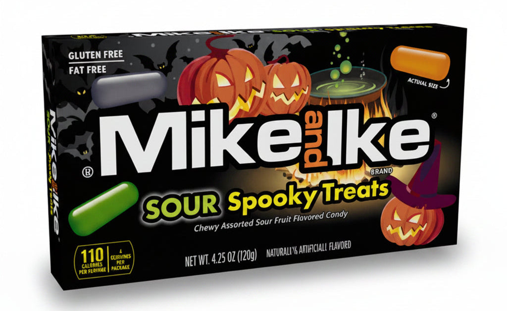 Mike & Ike Sour Spooky Treats candy box, featuring a black Halloween-themed background with jack-o'-lanterns, a cauldron, and colorful candy graphics.