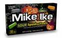 Mike & Ike Sour Spooky Treats candy box, featuring a black Halloween-themed background with jack-o'-lanterns, a cauldron, and colorful candy graphics.
