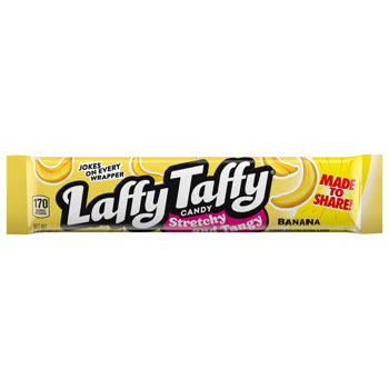 A Laffy Taffy Candy stretchy banana flavor wrapper, featuring the brand name in bold black and white lettering with a pink flavor label, set against a plain white background.