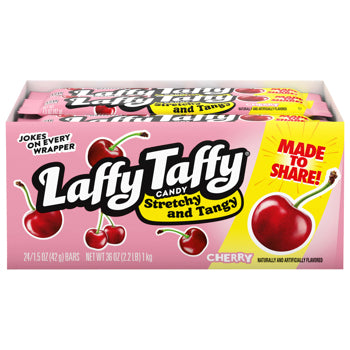 A box of Laffy Taffy Cherry Stretchy and Tangy candy bars, featuring pink packaging with cherry illustrations and a yellow 'Made to Share!' label.