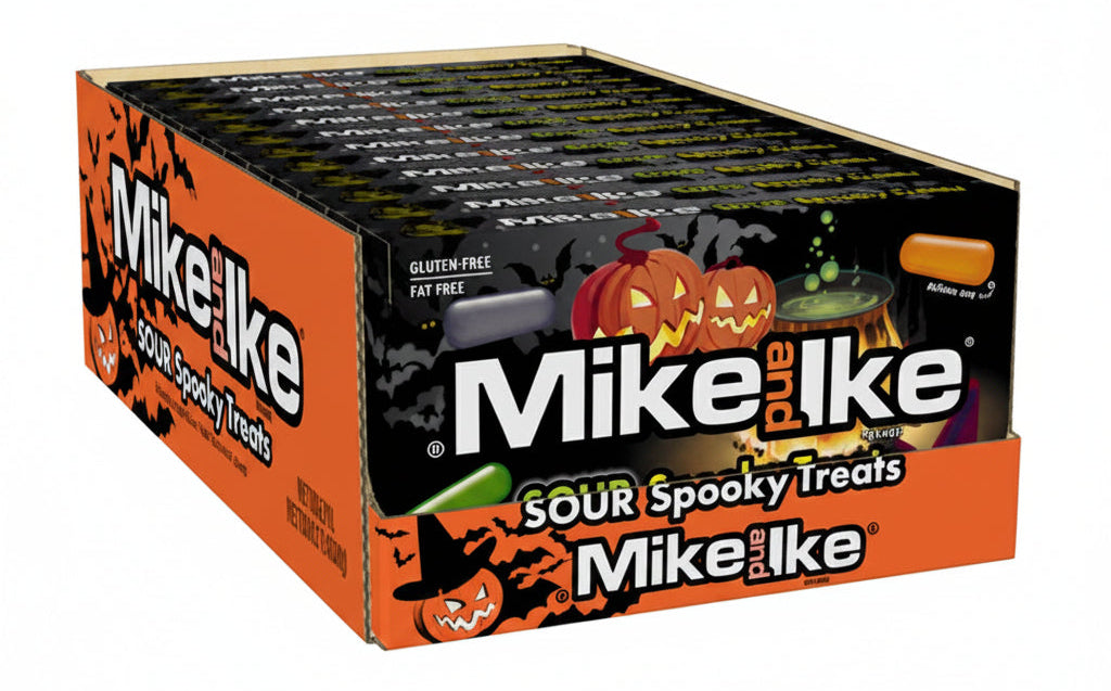 A Mike & Ike Sour Spooky Treats box containing 12 packs, featuring Halloween-themed packaging with jack-o'-lanterns and a witch's hat on a white background.