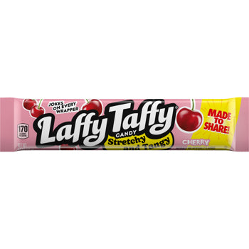 A Laffy Taffy candy stick in cherry flavor, wrapped in pink packaging with a yellow 'Made to Share!' panel and red cherry illustrations.