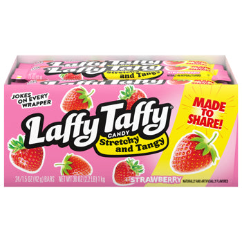A box of Laffy Taffy Candy Stretchy and Tangy Strawberry bars, featuring a bright pink wrapper with illustrations of strawberries and the brand logo in large white letters with a black outline.