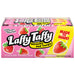 A box of Laffy Taffy Candy Stretchy and Tangy Strawberry bars, featuring a bright pink wrapper with illustrations of strawberries and the brand logo in large white letters with a black outline.