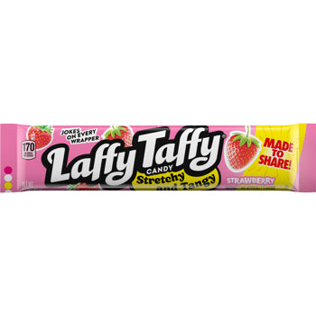 A Laffy Taffy Candy Stretchy Mint Tangy Strawberry candy wrapper, featuring pink and yellow packaging with the brand name in bold white letters.