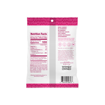 The back of a women's packaged snack pouch, featuring a white background with pink text and a pink serrated top and bottom edge. The text includes 'Nutrition Facts', 'Ingredients', and 'WOMEN OWNED'.