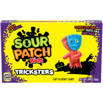 Sour Patch Kids Tricksters candy box with a colorful design on a white background