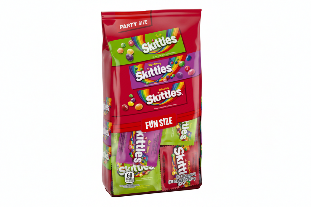 A red bag of Skittles Fun Size candy mix, party size, containing three individual Skittles packs visible through the lower clear window area.