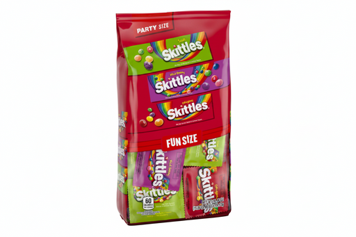 A red bag of Skittles Fun Size candy mix, party size, containing three individual Skittles packs visible through the lower clear window area.