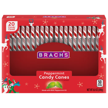 A box of Brachs Peppermint Candy Canes, featuring a festive red packaging with illustrations of snowflakes, reindeer, and holiday motifs, and a clear window displaying the red and white striped candy canes inside.