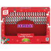 A box of Brachs Peppermint Candy Canes, featuring a festive red packaging with illustrations of snowflakes, reindeer, and holiday motifs, and a clear window displaying the red and white striped candy canes inside.