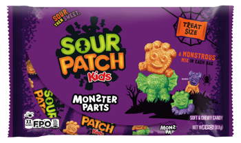 Sour Patch Kids Monster Parts candy package with purple background
