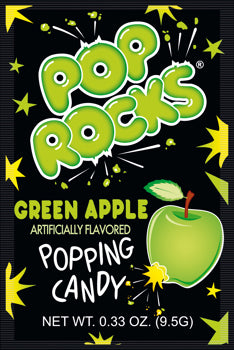 Pop Rocks Green Apple candy packaging with a green apple illustration on a black background.