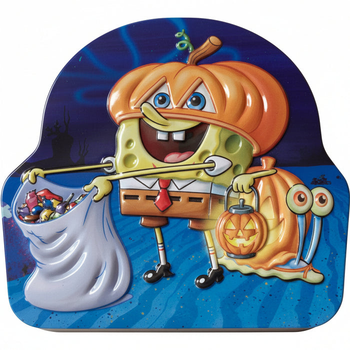 A metal tin featuring SpongeBob SquarePants dressed as a jack-o'-lantern holding a bag of candy, with a pumpkin snail character on a blue night sky background.