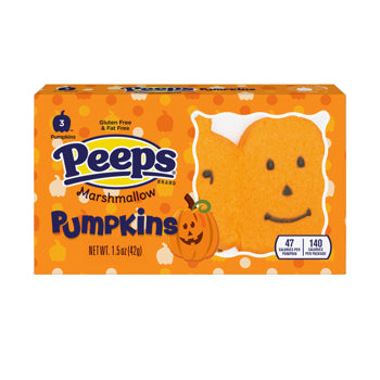 A package of Peeps Marshmallow Pumpkins, featuring orange marshmallows shaped like jack-o'-lanterns on an orange box with Halloween-themed graphics.