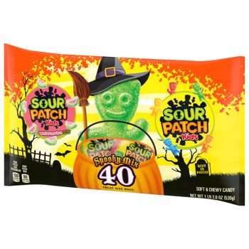 Sour Patch Kids Halloween candy package with a witch hat and candy corn design.