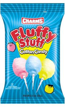 Packaging of Charms Fluffy Stuff Cotton Candy with colorful cotton candy on sticks.