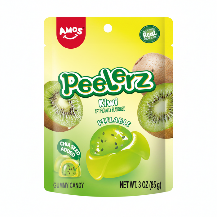 Packaging of Amos Peel'Erz Kiwi gummy bears with a green and yellow color scheme.