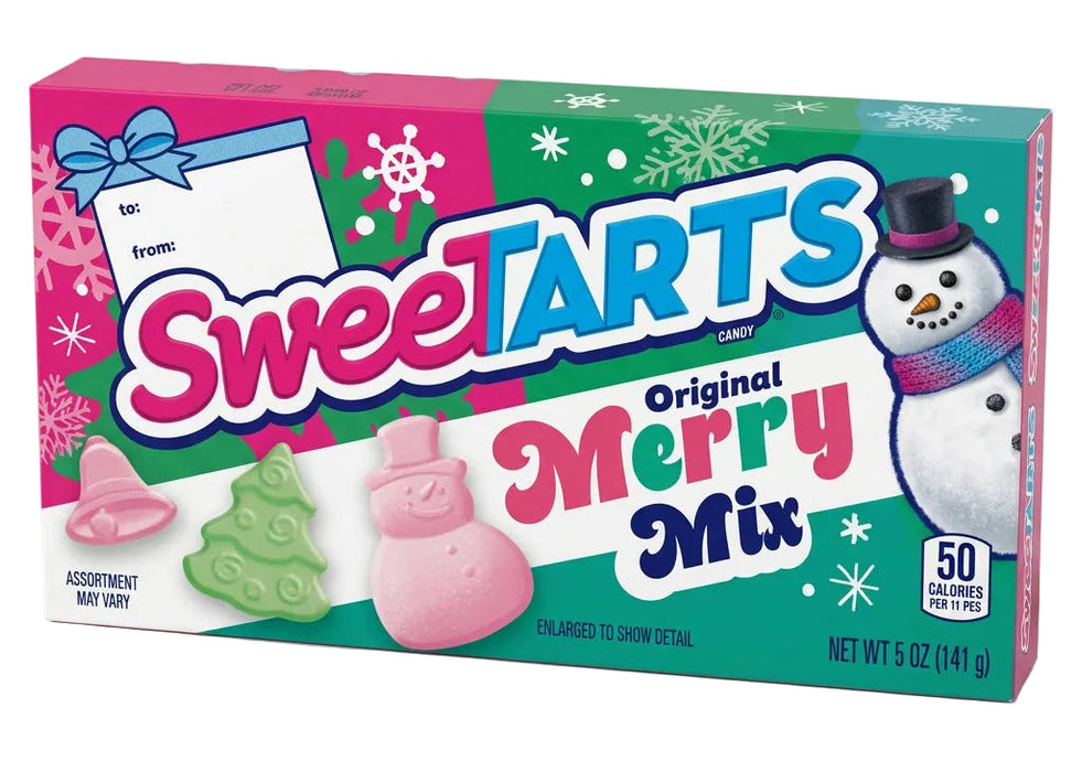 A box of SweetTarts Original Merry Mix candy, featuring pink and blue packaging with illustrations of a snowman, candy shapes, and holiday designs.