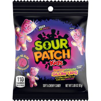 Shine a light on your next snacking session with SOUR PATCH KIDS Glow Ups Strawberry-Watermelon Soft & Chewy Candy. These sour gummies feature edible confetti that glows under blacklight and a SOUR THEN SWEET strawberry-watermelon flavor. The edible confetti in this unique sour candy contains flavorless turmeric extract, which gives it its fun glow. The first-ever gummy candy that glows, SOUR PATCH KIDS Glow Ups are a must-try for fans of bold, adventurous candy experiences.