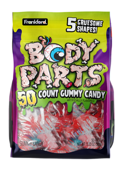 Bag of Body Parts gummy candy with colorful design and text.