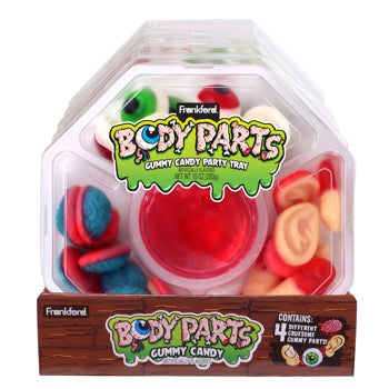 Gummy candy set in a transparent container with colorful gummy 'body parts' on a white background.