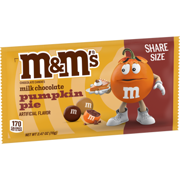 M&M's Milk Chocolate Pumpkin Pie package with an orange M&M character on a white background