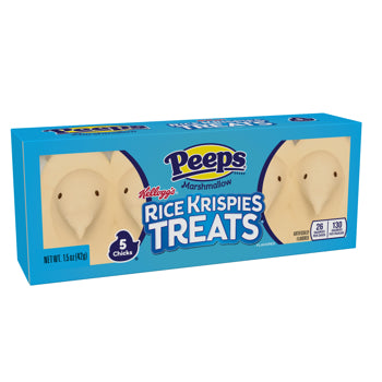 A box of Kellogg's Peeps Marshmallow Rice Krispies Treats, featuring a bright blue packaging with clear windows showing the marshmallow treats inside.