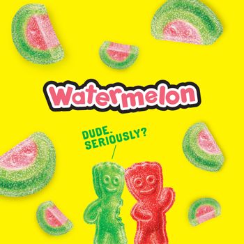 Gummy watermelon candies with a yellow background and text.