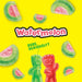 Gummy watermelon candies with a yellow background and text.
