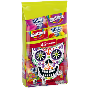 A bag of fun size packs of Original and wild berry Skittles, Life Savers Mini Gummies Original 5 flavor and wild berry, featuring a colorful sugar skull design on the front, set against a plain white background.