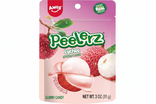 A 3 oz bag of Amos Peelerz Lychee gummy candy. The packaging features a pink and light pink design with illustrations of fresh lychee fruits and a graphic of a peeled pink gummy candy.