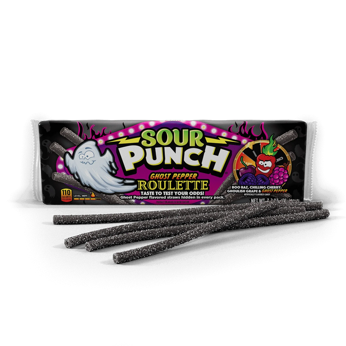 Sour Punch Ghost Pepper Roulette candy package with sticks on a white background