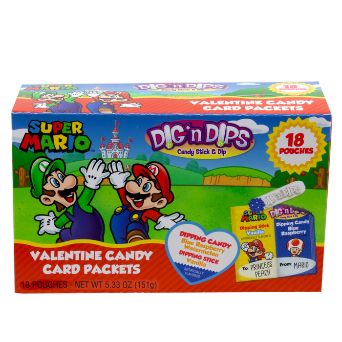 Indulge in a playful exchange this Valentine's Day with Dig and Dips! Each 18ct box features creamy vanilla candy sticks with a twist - Blue raspberry and watermelon powdered dipping candy! Adorned with your favorite plumbers, none other than the Super Mario Brothers! (Delightfully delicious and oh-so-fun!)