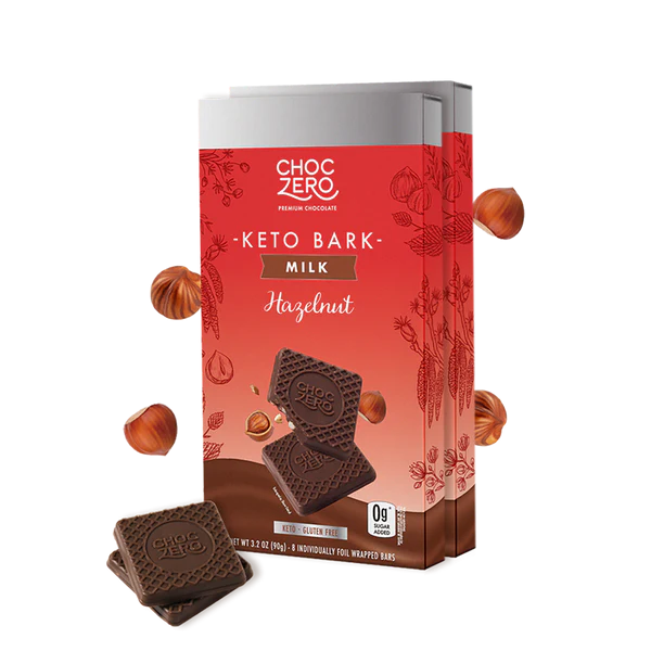 Box of ChocZero Keto Bark Hazelnut with two pieces in front on a white background