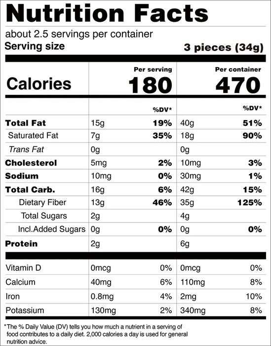 Nutrition facts label for a food product with serving size, calories, and nutritional content per serving.