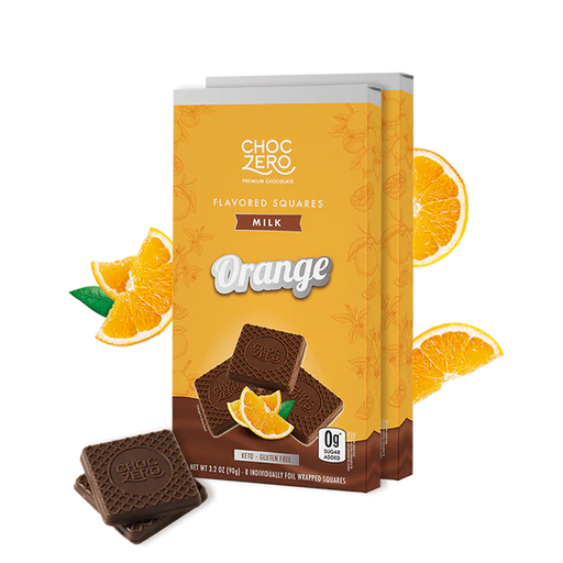 Box of ChocZero Orange flavored squares with orange slices on a white background