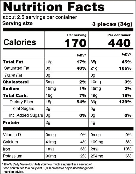 Nutrition facts label for a food product with serving size, calories, and nutritional content per serving.
