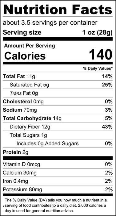 Nutrition facts label for a food product with serving size, calories, and various nutritional values.