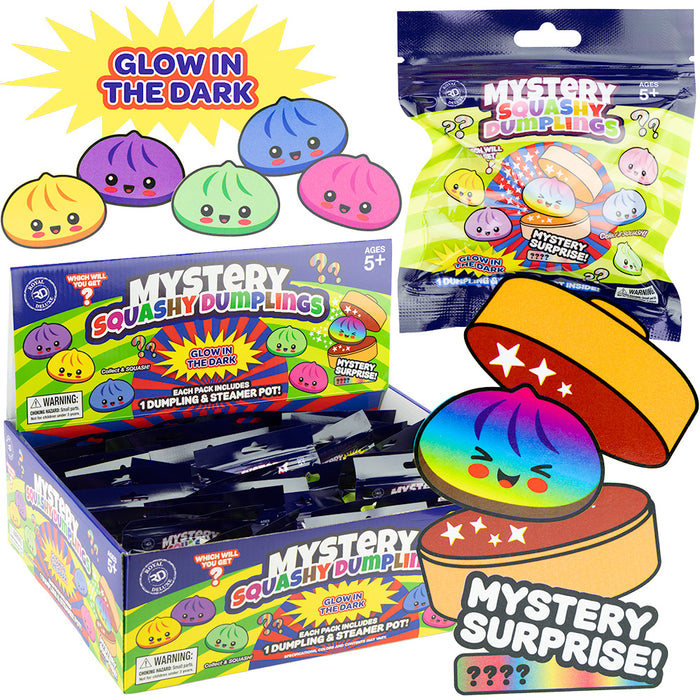 Glow-in-the-dark mystery squishy dumplings with packaging and display box.
