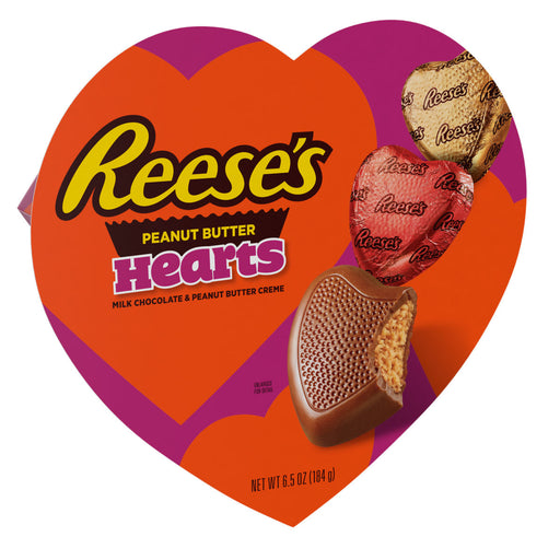 Share the Love with Reeses iconic milk chocolate Peanut Butter Filled Hearts in this 6.4oz Valentine's Day heart-shaped gift box. Show your loved one how sweet you think they are with this delicious and thoughtful gift. (Valentine's Day never tasted so good!)