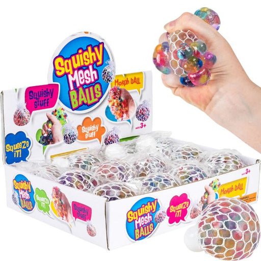A box of Squishy Mesh Balls with a hand holding one of the colorful, translucent mesh stress balls against a white background.