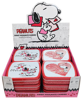 Show her you love her with a limited edition Valentine's gift, Peanuts Snoopy Candy from The Heart filled gift Tin. These embossed metal tins are filled with sweet "soul mate" strawberry flavored candy hearts!