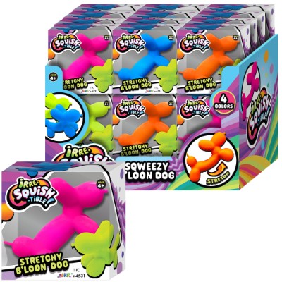 Multiple boxes of Stretchy 'Bloon Dog toys with colorful packaging.