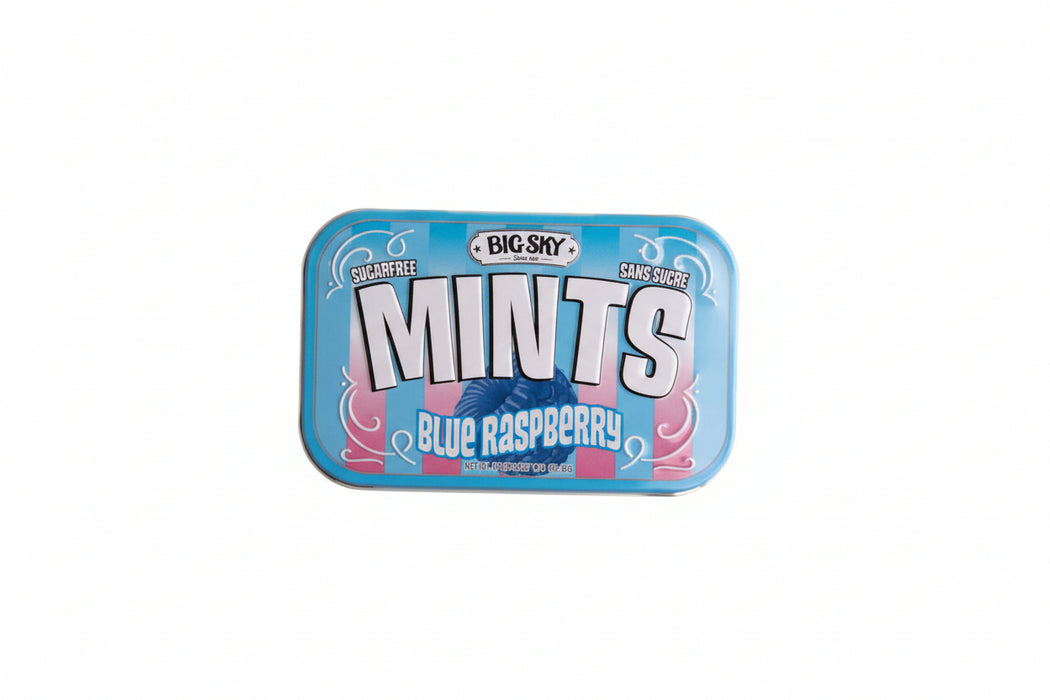 Big Sky Blue Raspberry mints on a white background