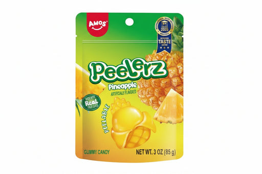 A 3 oz bag of Amos Peelerz Pineapple Gummy Candy, featuring a bright green and yellow packaging design with illustrations of a pineapple and peeled pineapple slices.