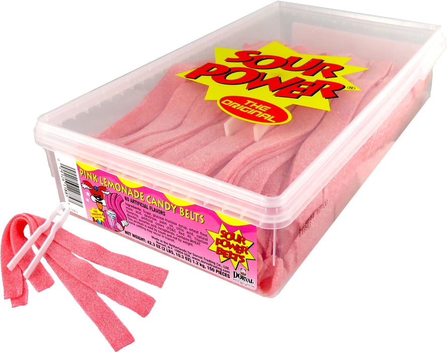 Sour Power Belts 150ct tub with tongs pink lemonade